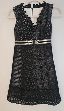 Anna Sui Mini Dress Black Cream Combo Sleeveless Lace Lined  Womens Sz 6